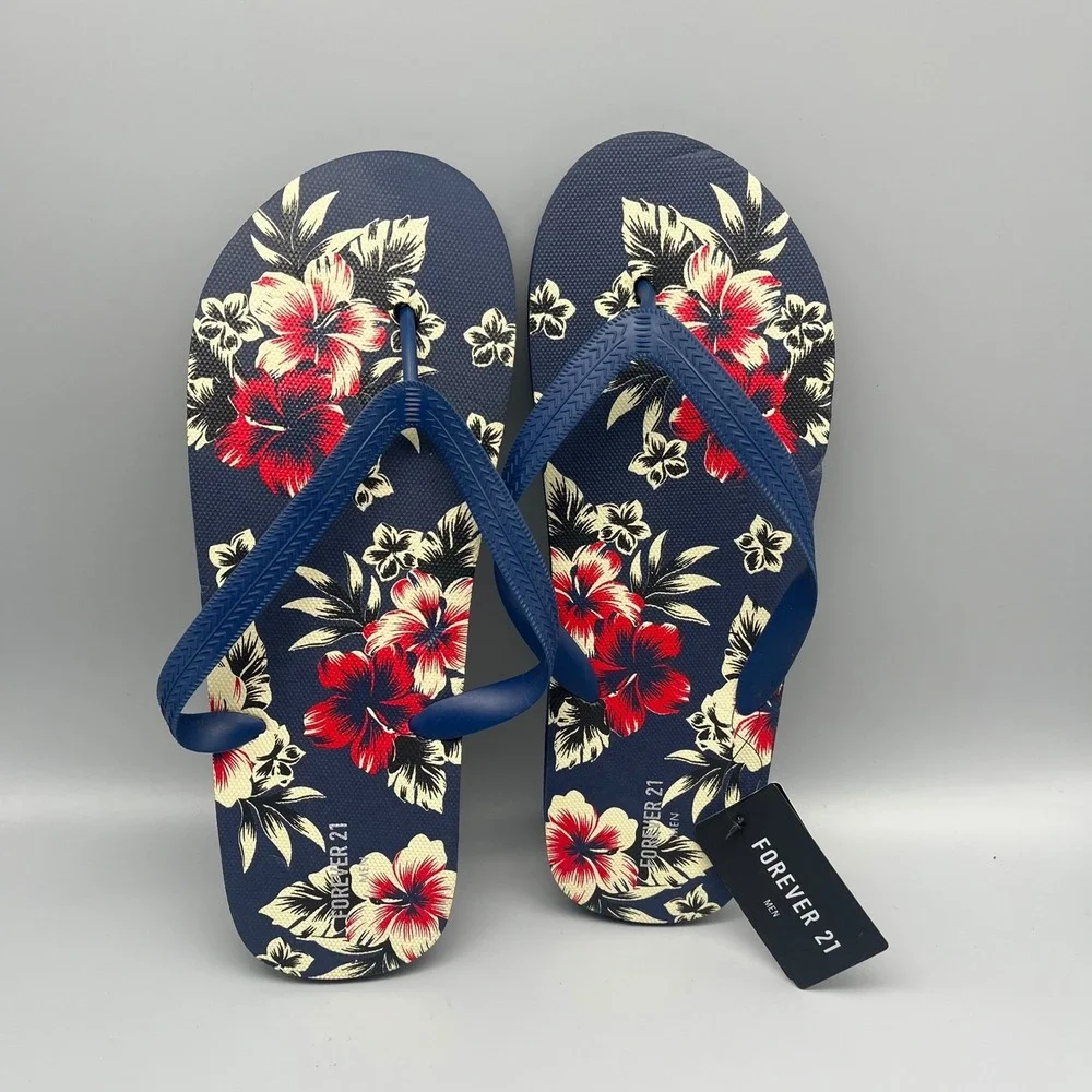 NWT Forever 21 Flip Flops Men's Large 45/46‎ Navy Blue Tropical Floral Hibiscus